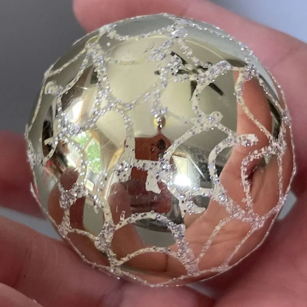 Vintage Hand Painted Blown Glass Christmas Ornament Gold With Scalloped Glitter